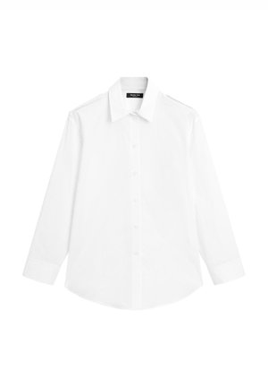 Witte lange mouwen shirt, knoopsluiting aan de voorkant, klassieke kraag, gladde stof, normale pasvorm, met rechte manchet en zonder patronen of accenten.