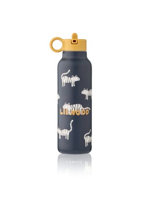 Mørkegrå vandflaske med sennepsgul låg, dækket af hvide tigerillustrationer og ordet "LIEWOOD" i beige bogstaver.