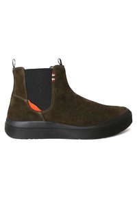 Stivale alla caviglia in suede marrone con pannelli elastici laterali, cuciture decorative e suola in gomma nera. Presenta un piccolo tassello sul tallone.