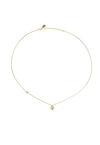 Guldkæde med en snoet design, forsynet med en lille hamsa-vedhæng prydet med en blå sten og en sikker lukning.