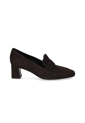 Dark brown suede women's loafer with a low block heel and a wide strap detail across the vamp, shown from the side on a white background.