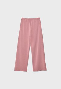 Ruževi široki hlače od mekog materijala s elastičnim strukom, s glatkom teksturom bez vidljivih uzoraka ili akcenta.