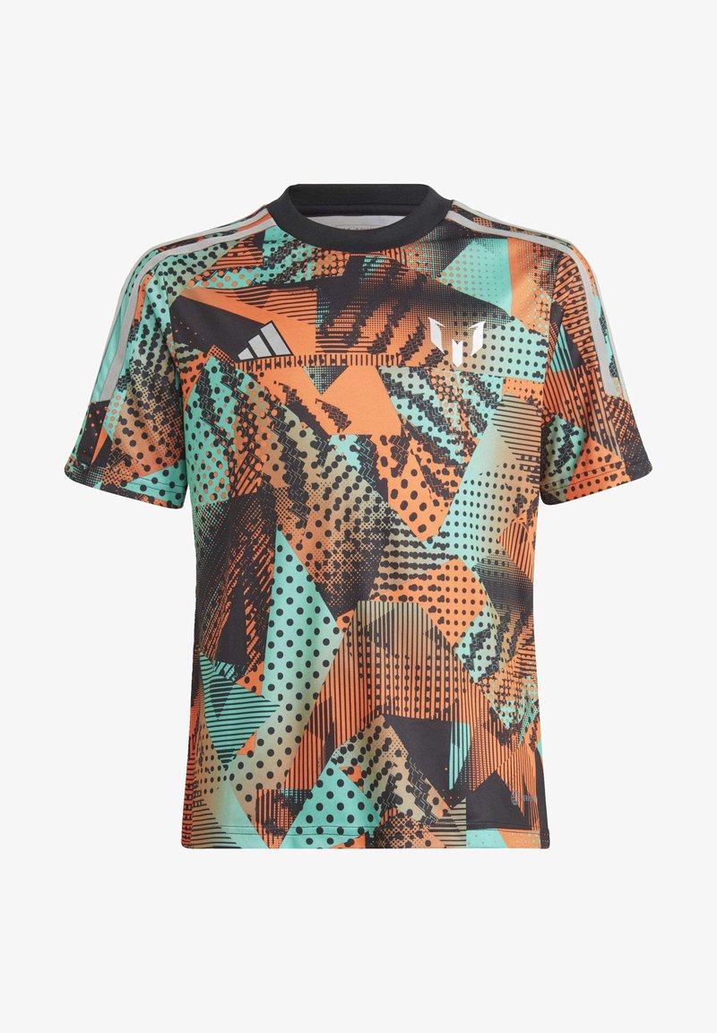 Koszulka sportowa z krótkim rękawem, zdobiona abstrakcyjnym wzorem w kolorach pomarańczowym, turkusowym i czarnym, z okrągłym dekoltem i teksturowanym materiałem.