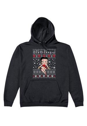 Czarna bluza z kapturem z grafiką Betty Boop. Projekt zawiera płatki śniegu, serca oraz nazwisko "Betty Boop" w kontrastowych kolorach.