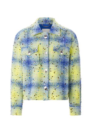 Yellow and blue plaid jacket made of textured fabric, featuring two front pockets, silver buttons, and colorful speckles throughout.