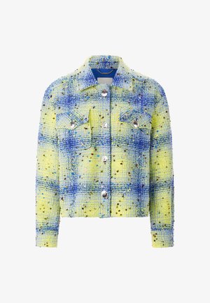 Yellow and blue plaid jacket made of textured fabric, featuring two front pockets, silver buttons, and colorful speckles throughout.