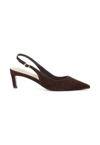 Brown suede slingback heels with a pointed toe, featuring a thin heel and adjustable strap for a secure fit. Smooth sole and minimal accent.