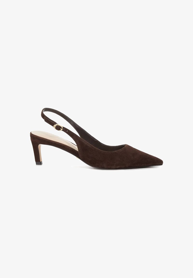 Brown suede slingback heels with a pointed toe, featuring a thin heel and adjustable strap for a secure fit. Smooth sole and minimal accent.