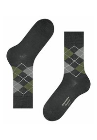 Ciemnoszare skarpetki z wzorem argyle w zielone, szare i białe romby, z prążkowanym ściągaczem i logotypem na podeszwie.