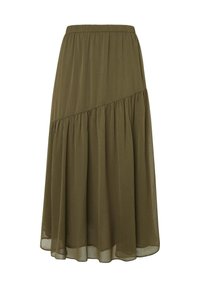 Jupe mi-longue vert olive en tissu léger avec un design à volants froncés et une taille élastique.