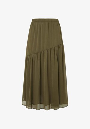 Olīvzaļš, vidēja garuma svārki, izgatavoti no viegla auduma, ar sarullētu un slāņotu dizainu un elastīgu jostasvietu.