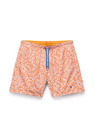 Orange Badehosen mit einem weißen abstrakten Blumenmuster, elastischem Taillenbund, blauer Kordel und einem kleinen Branding-Detail an der unteren Vorderseite.