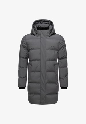 Dolga temno siva zimska bunda s kapuco, sprednjim zadrgo in stranskimi žepi, zasnovana za hladno vreme.