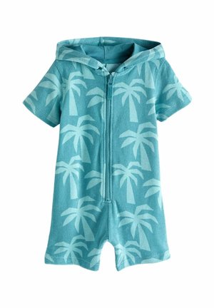 Blå kortærmet hættetrøje med frontlynlås og et lyseblåt mønster med palmer over det hele.