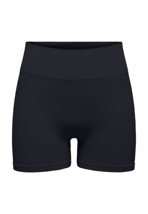 Czarne, bezszwowe, elastyczne szorty z wysokim stanem i fakturowanymi wzorami wokół talii i ud, zaprojektowane do noszenia sportowego lub casualowego.