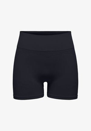 Zwarte naadloze, hoog getailleerde rekbare shorts met textuurpatronen rond taille en dijen, ontworpen voor atletisch of casual gebruik.