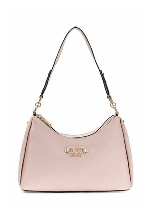 Borsa Guess rosa chiaro con motivo goffrato, targhetta logo dorata e tracolla nera regolabile.