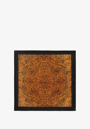 Sciarpa a fantasia leopardata caratterizzata da una vivace combinazione di colori arancione e nero, con una superficie texturizzata e un bordo nero uniforme.