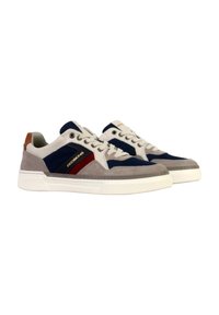 Sneakers with grey suede and navy fabric panels. Features a red accent stripe, white rubber sole, and classic lacing system with metal eyelets.