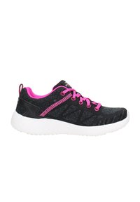 Scarpa sportiva nera con lacci e rifiniture rosa, suola bianca con texture, design a basso profilo e parte superiore in tessuto con dettagli a trama sottile.