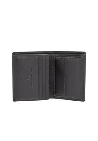 Portafoglio in pelle nera con finitura testurizzata, dotato di molteplici slot per carte, un compartimento per banconote e dettagli di cucitura a contrasto.
