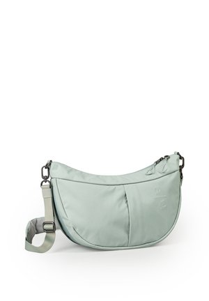 Borsa a tracolla color verde chiaro a forma di mezzaluna con tracolla regolabile, cerniera frontale e logo in rilievo discreto sulla superficie in tessuto liscio.