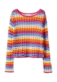 Pull en tricot multicolore avec des rayures horizontales rouges, oranges, bleues et blanches, présentant un motif texturé ajouré et un col rond.