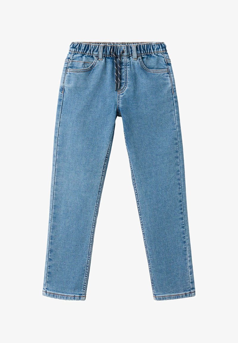 Jean en denim bleu clair avec taille élastique et cordon noir, avec poches avant et jambes droites.