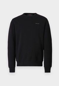Black cotton sweatshirt featuring a crew neck, long sleeves, ribbed cuffs and hem, with a small white "BELSTAFF" logo on the chest.