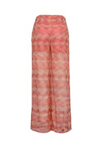 Pantaloni a gamba larga in un tessuto leggero e testurizzato, caratterizzati da un motivo zigzag nelle tonalità di rosa, arancione e crema, con una vita elasticizzata.