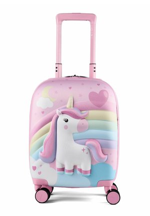 Valigia rosa per bambini con unicorno 3D, arcobaleno, nuvole, cuori e stelle, con maniglia retrattile e quattro ruote.