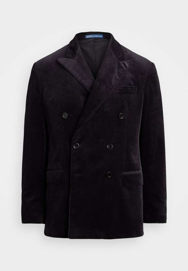 Blazer de terciopelo oscuro de doble botonadura con solapas de pico, cuatro botones negros y bolsillos de solapa de Polo Ralph Lauren.