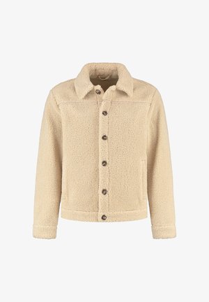 Beige sherpa jacket with a collared neck, front button closure, two side pockets, and textured fabric throughout.