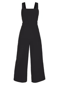 Combinaison noire à jambes larges, encolure carrée et bretelles épaisses avec détails de marque. Confectionnée en tissu lisse et léger.