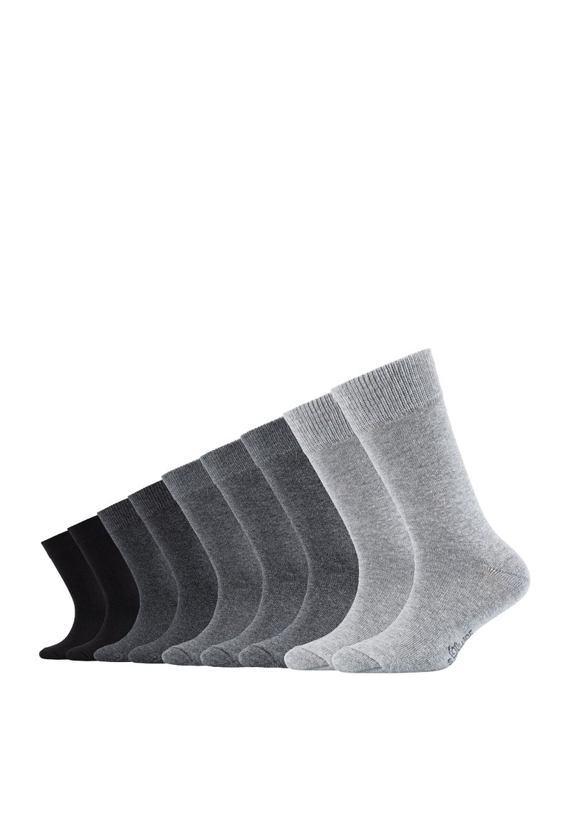 Ensemble de chaussettes assorties comprenant des couleurs unies : noir, gris foncé, gris moyen, gris clair. Les matériaux semblent doux avec des poignets côtelés et une texture lisse.