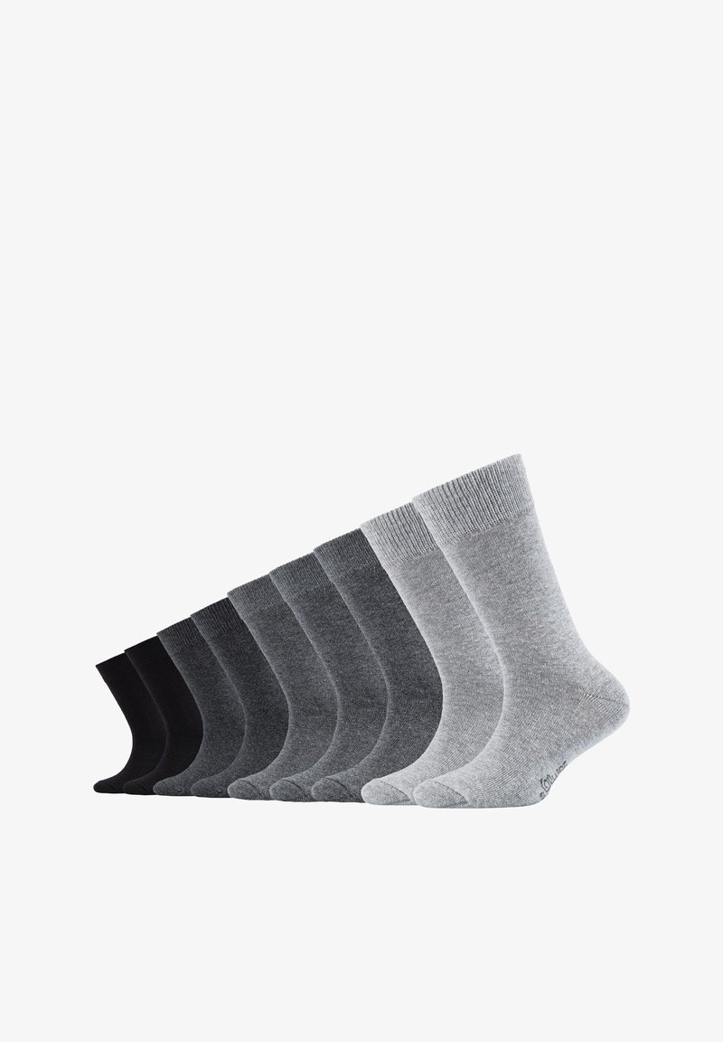 Ensemble de chaussettes assorties comprenant des couleurs unies : noir, gris foncé, gris moyen, gris clair. Les matériaux semblent doux avec des poignets côtelés et une texture lisse.
