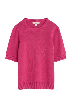 Kortärmad tröja i klarrosa. Tillverkad av mjukt, slätt material med ribbad halsringning och nederkant. Har en enkel, klassisk design.