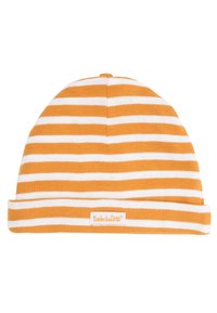 Pomarańczowo-biała, prążkowana czapka z dzianiny z podwiniętym mankietem z małą metką z logo Timberland. Miękki bawełniany materiał, ciepły fason.