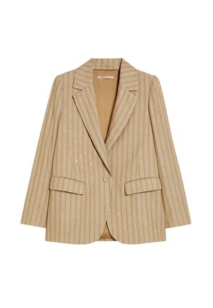 Beige blazer met één knoop en dunne witte verticale strepen, reverskraag met inkeping, lange mouwen, klepzakken en een gladde voering aan de binnenkant.