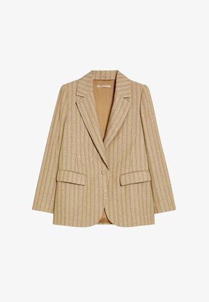 Beige blazer met één knoop en dunne witte verticale strepen, reverskraag met inkeping, lange mouwen, klepzakken en een gladde voering aan de binnenkant.