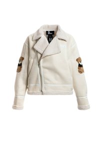 Chaqueta blanca de piel sintética de borreguillo con diseño con cuello, que cuenta con una cremallera frontal y parches bordados de ositos de peluche en las mangas.
