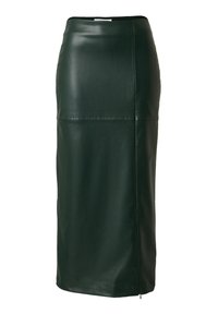 Dunkelgrüner Faux-Leder-Midi-Rock mit schmaler Passform, der ein glattes Finish, Nahtdetails und einen seitlichen Reißverschluss zum Schließen aufweist.