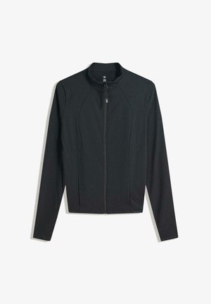 Zwarte zip-up jack met lange mouwen, voorzien van een hoge kraag en zijzakken. Soepele stof met een getailleerd ontwerp en geen zichtbare patronen.