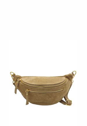 Sac en suède beige à porter en bandoulière avec deux compartiments zippés et des finitions dorées, offrant une forme arrondie et une bandoulière ajustable.