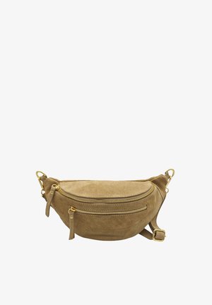 Sac en suède beige à porter en bandoulière avec deux compartiments zippés et des finitions dorées, offrant une forme arrondie et une bandoulière ajustable.