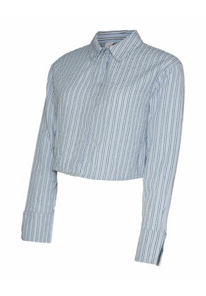 Lichtblauw cropped overhemd met knopen, lange mouwen en dunne verticale donkerblauwe strepen.
