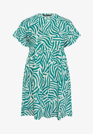 Vestito per bambino piccolo a maniche corte con vita increspata e motivo astratto a strisce zebrate turchese e bianche.