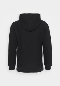 Black hoodie made from soft fabric, featuring a front pouch pocket, long sleeves, and a drawstring hood. Smooth texture, minimal design.