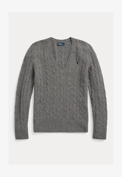 Gray cable-knit sweater with a V-neck, long sleeves, and ribbed cuffs. Features a small logo on the chest and textured fabric.