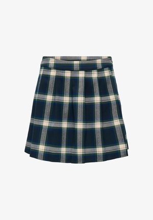 Rutig kjol i marinblått, grönt och krämfärgat; plisserad design med en mjuk midjeband, tillverkad av ett tyg som verkar mjukt och texturerat.